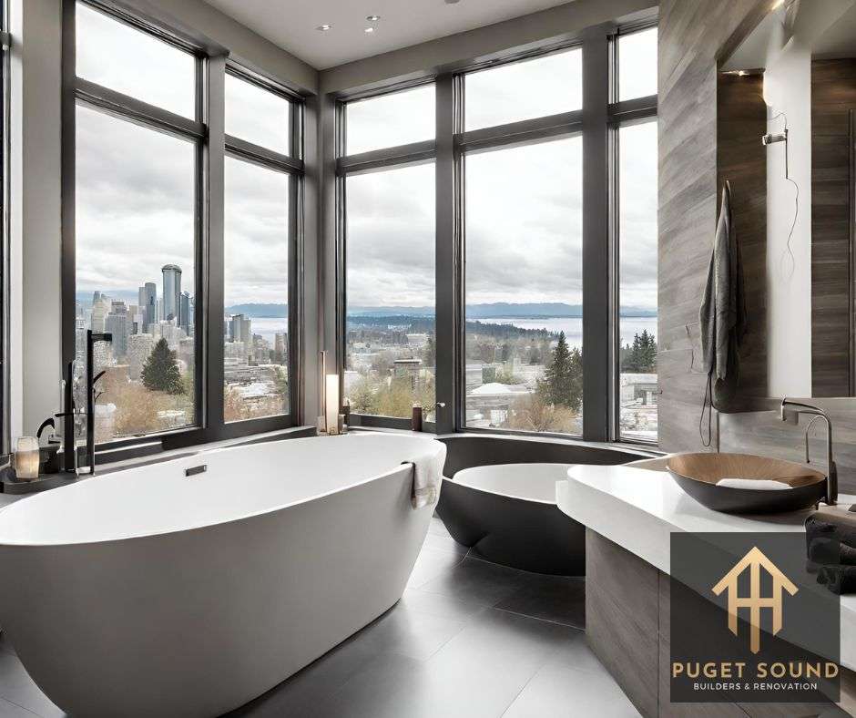 a modern spacious bathroom with a free standing tub large windows and elegant lighting in Seattle WA